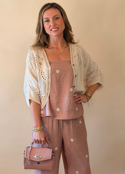 Natural Floral Embroidered Lace Button Top