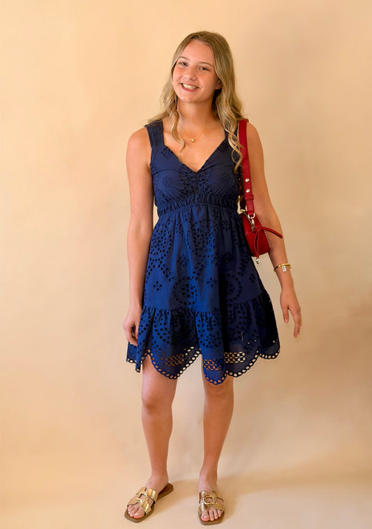 Navy Scallop Eyelet Detail Dress