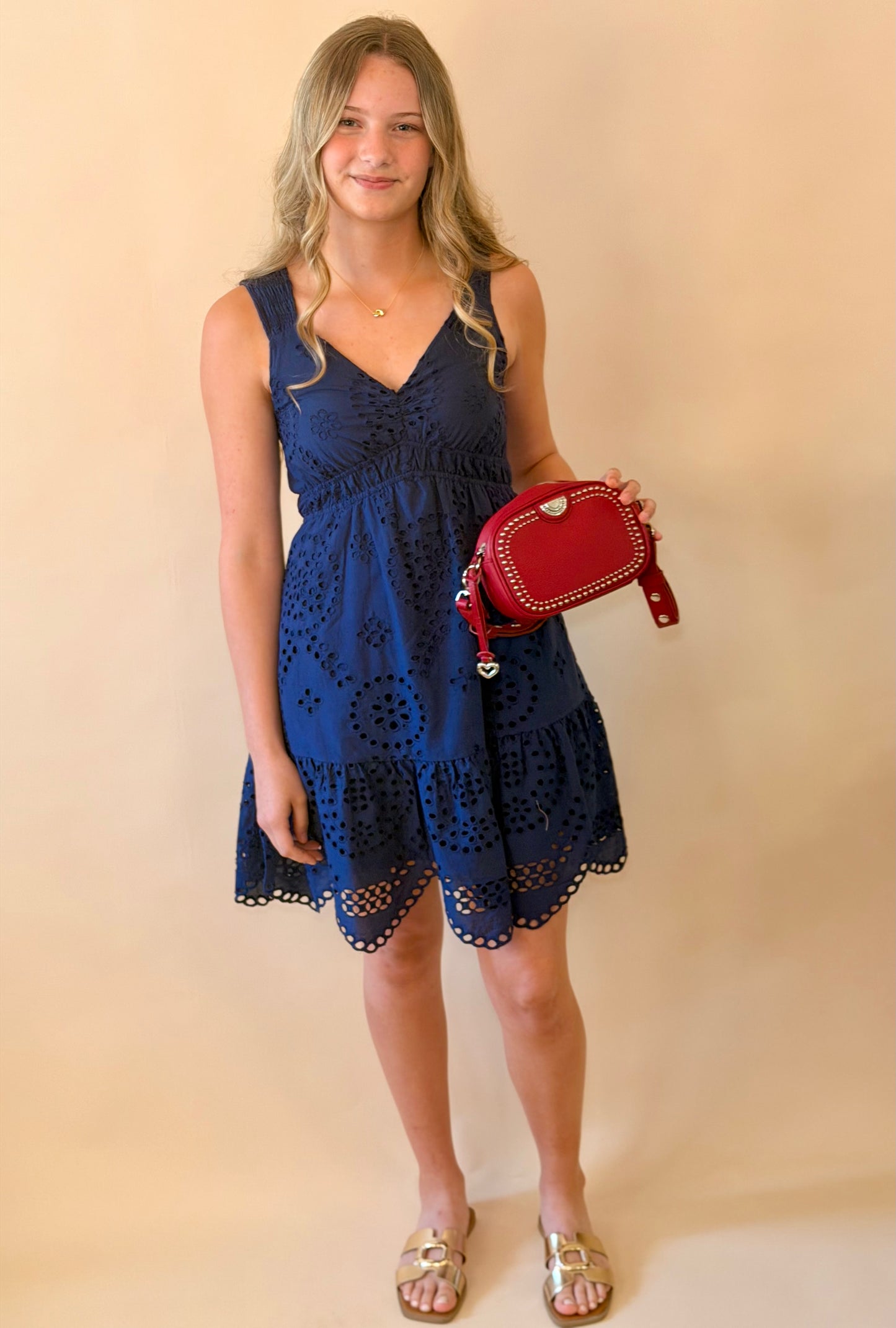 Navy Scallop Eyelet Detail Dress