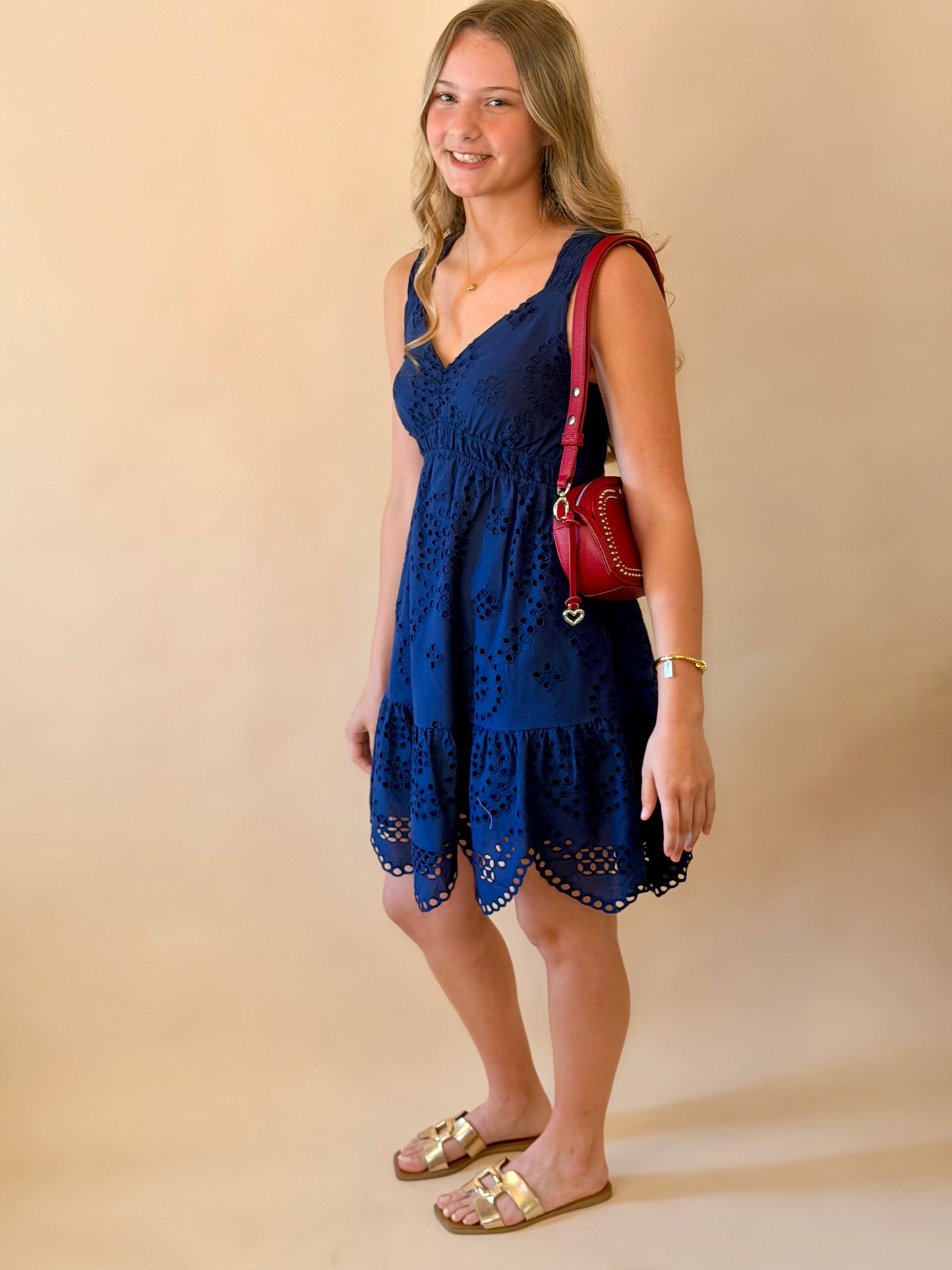 Navy Scallop Eyelet Detail Dress