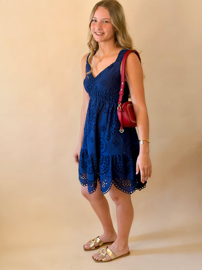 Navy Scallop Eyelet Detail Dress