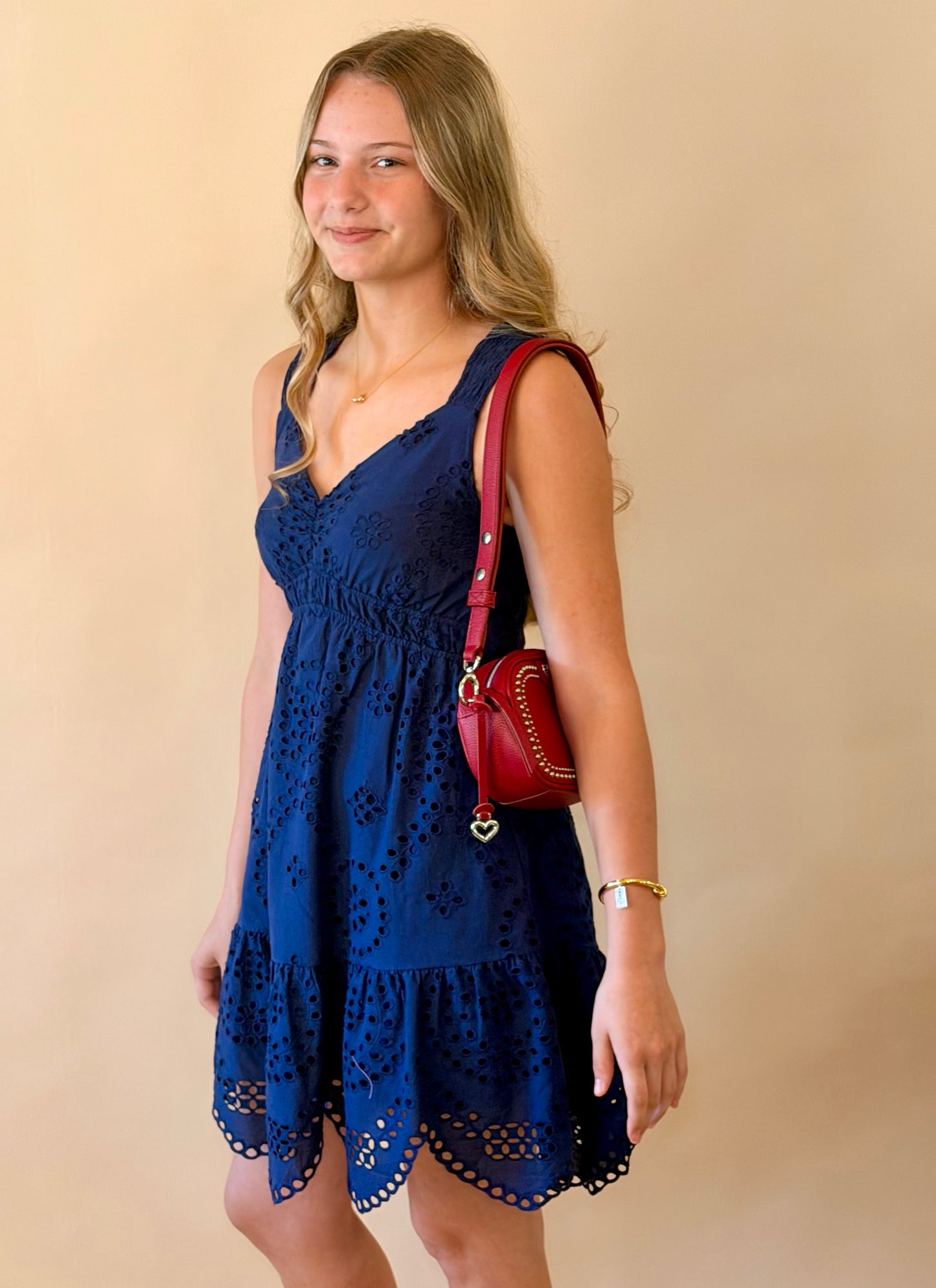 Navy Scallop Eyelet Detail Dress