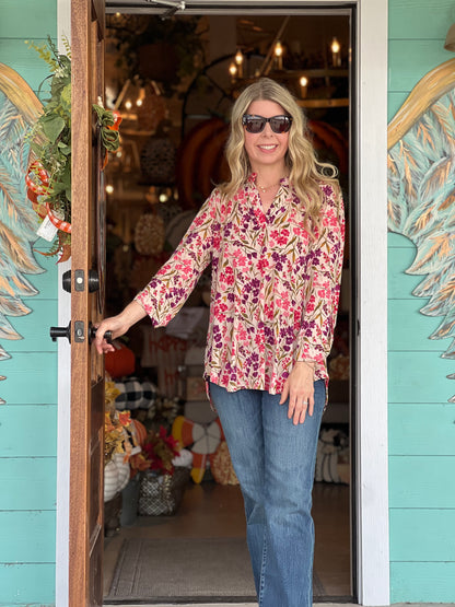 Lizzy Taupe Plum Floral Print 3/4 Sleeve Top