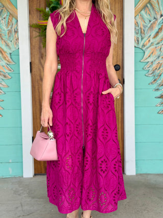 Magenta Eyelet Lace Front Zip Dress