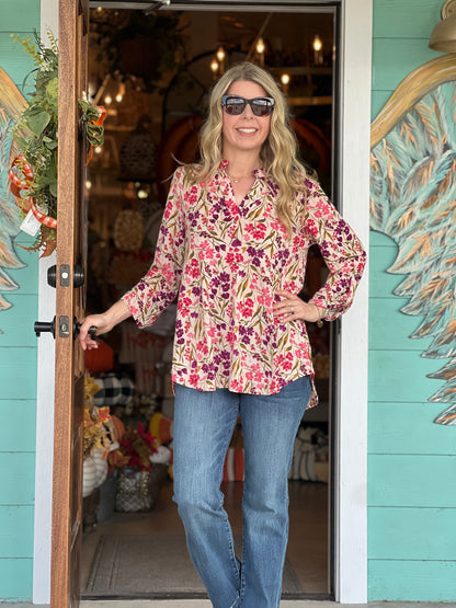Lizzy Taupe Plum Floral Print 3/4 Sleeve Top