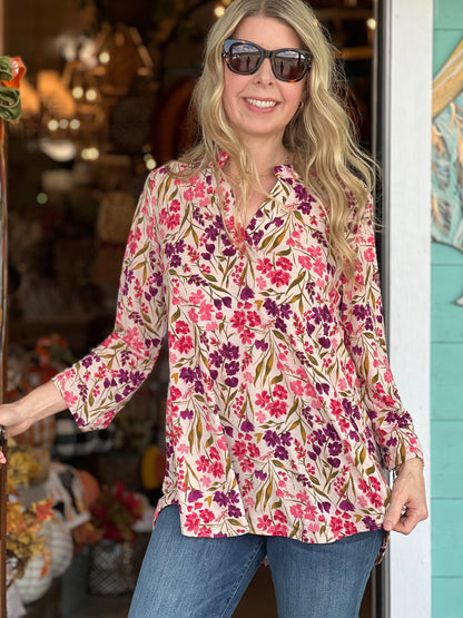 Lizzy Taupe Plum Floral Print 3/4 Sleeve Top