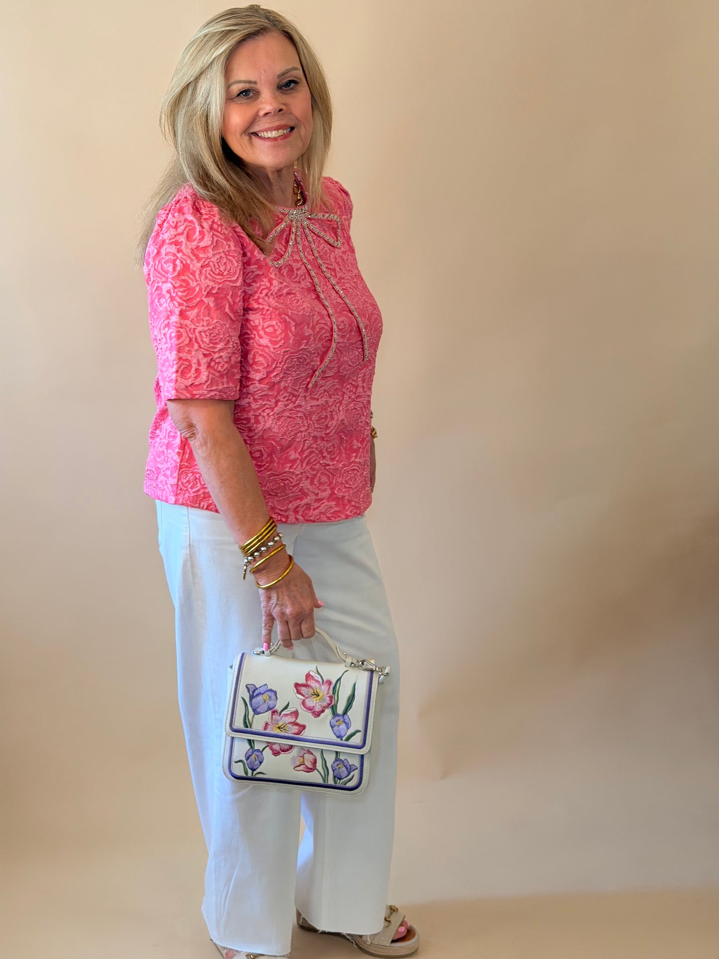 Pink Rhinestone Bow Floral Top
