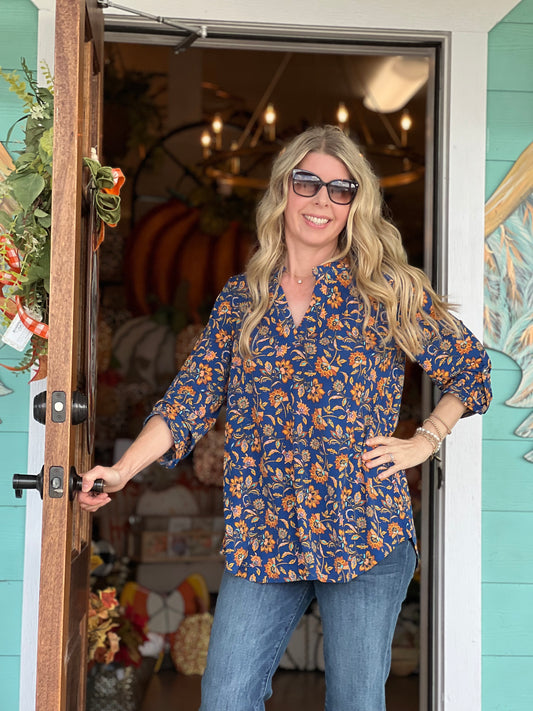 Lizzy Navy Gold Floral Print 3/4 Sleeve Top