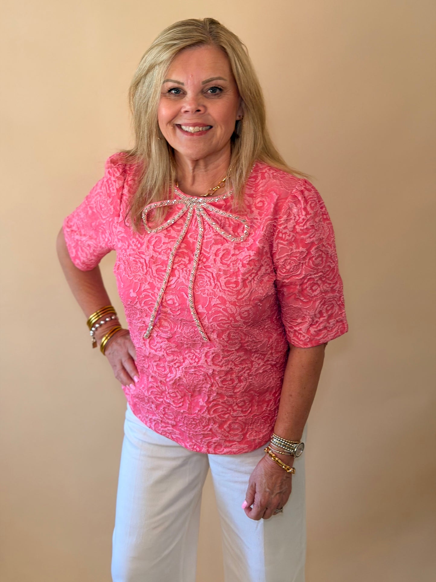 Pink Rhinestone Bow Floral Top