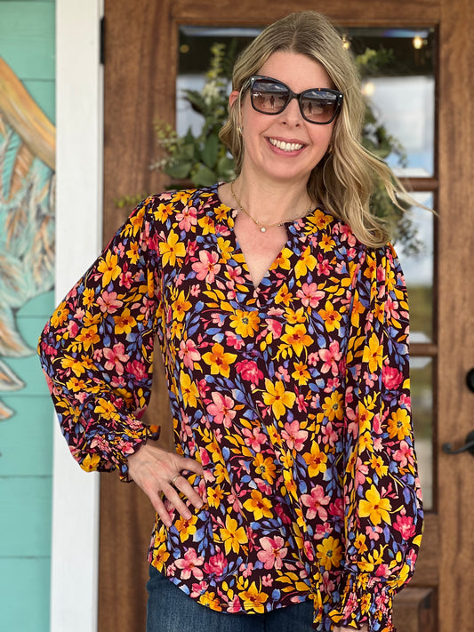 LizSmock Sleeve Chocolate Print Top