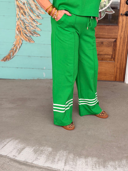 Green w/White Stripe Detail Pants