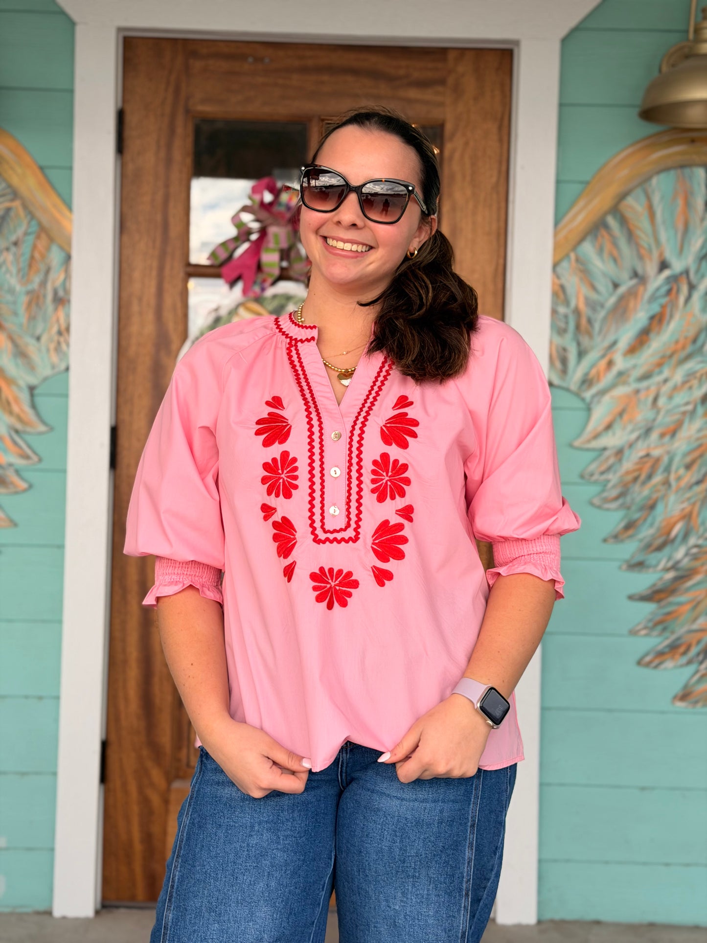 Light Pink w/Red Embroidered Top