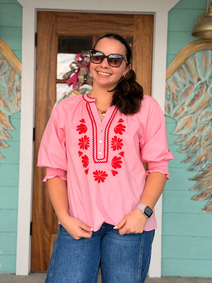Light Pink w/Red Embroidered Top