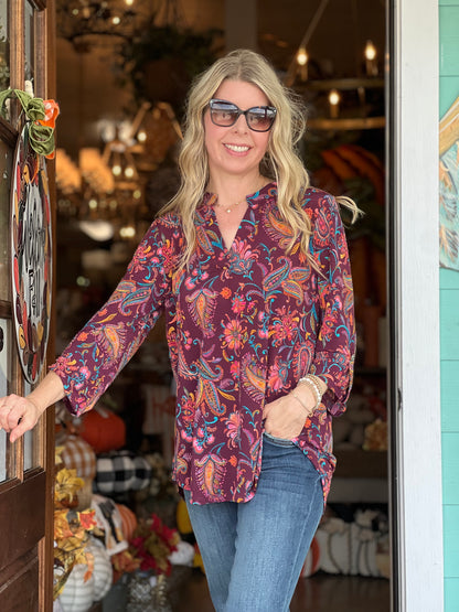 Lizzy Wine Paisley Print 3/4 Sleeve Top