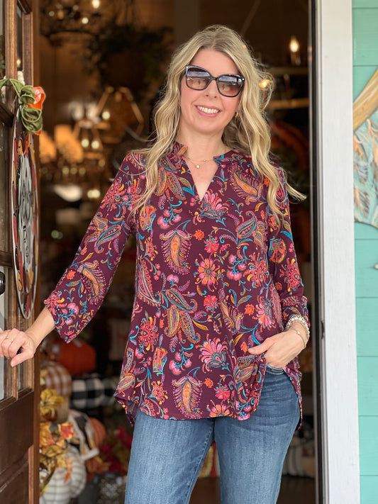 Lizzy Wine Paisley Print 3/4 Sleeve Top