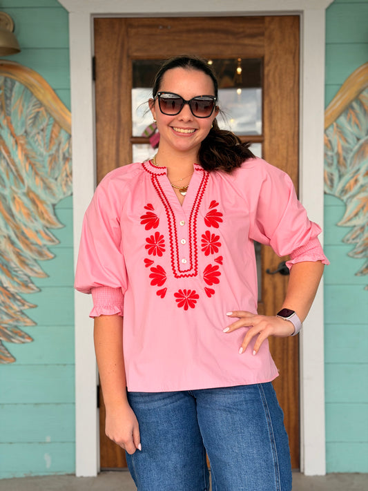 Light Pink w/Red Embroidered Top