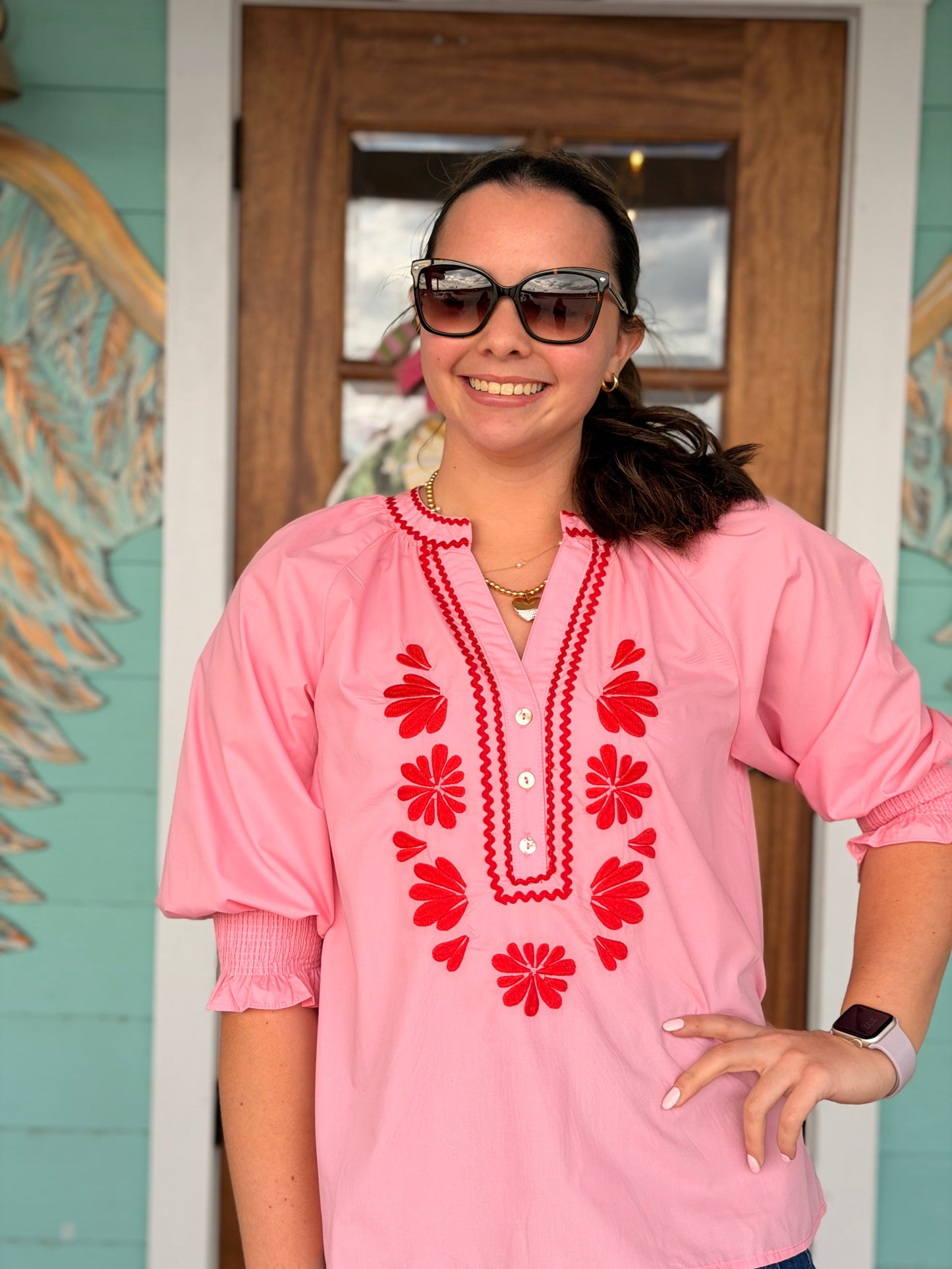 Light Pink w/Red Embroidered Top