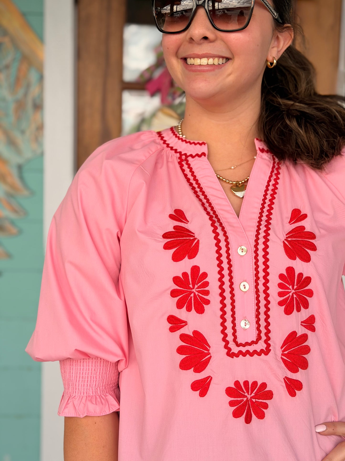 Light Pink w/Red Embroidered Top