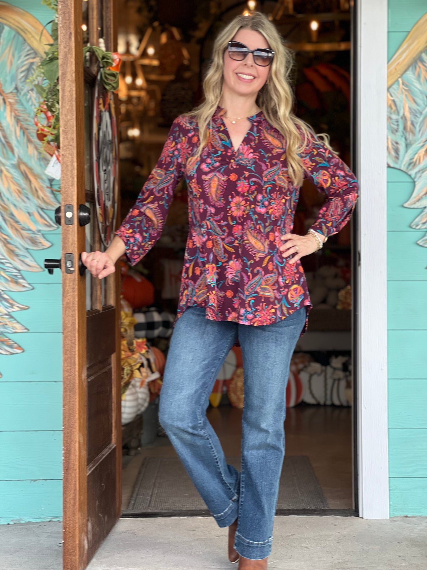 Lizzy Wine Paisley Print 3/4 Sleeve Top