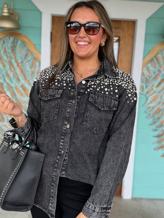 Rhinestone Embellished Black Denim Jacket