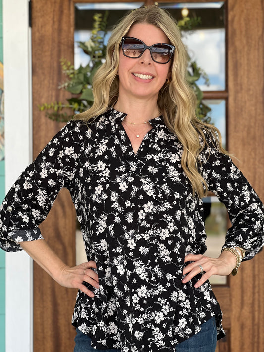 Lizzie Black & Ivory Floral 3/4 Sleeve Top