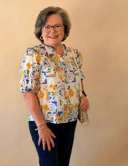 Blue & Yellow Floral Smocked Print Top