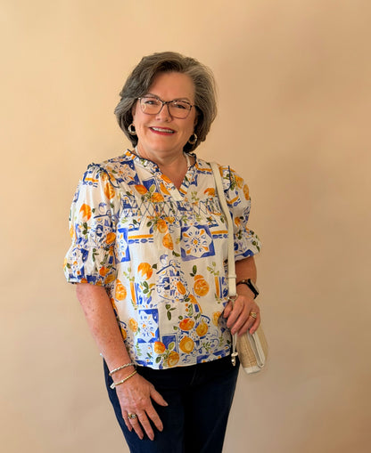 Blue & Yellow Floral Smocked Print Top
