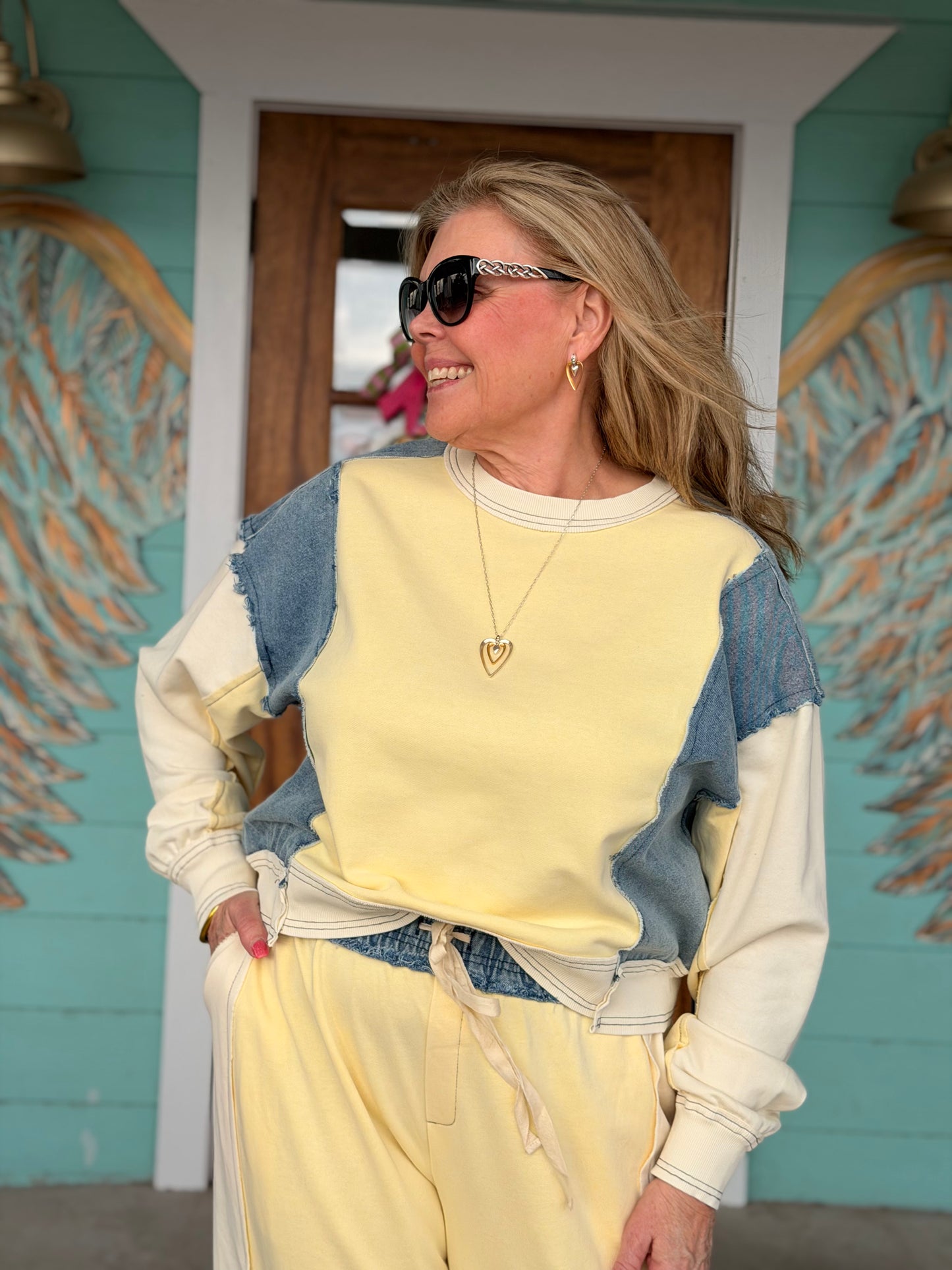 Lemon Denim Color Block Pullover