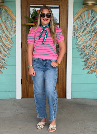 Pink Striped Puff Sleeve Top