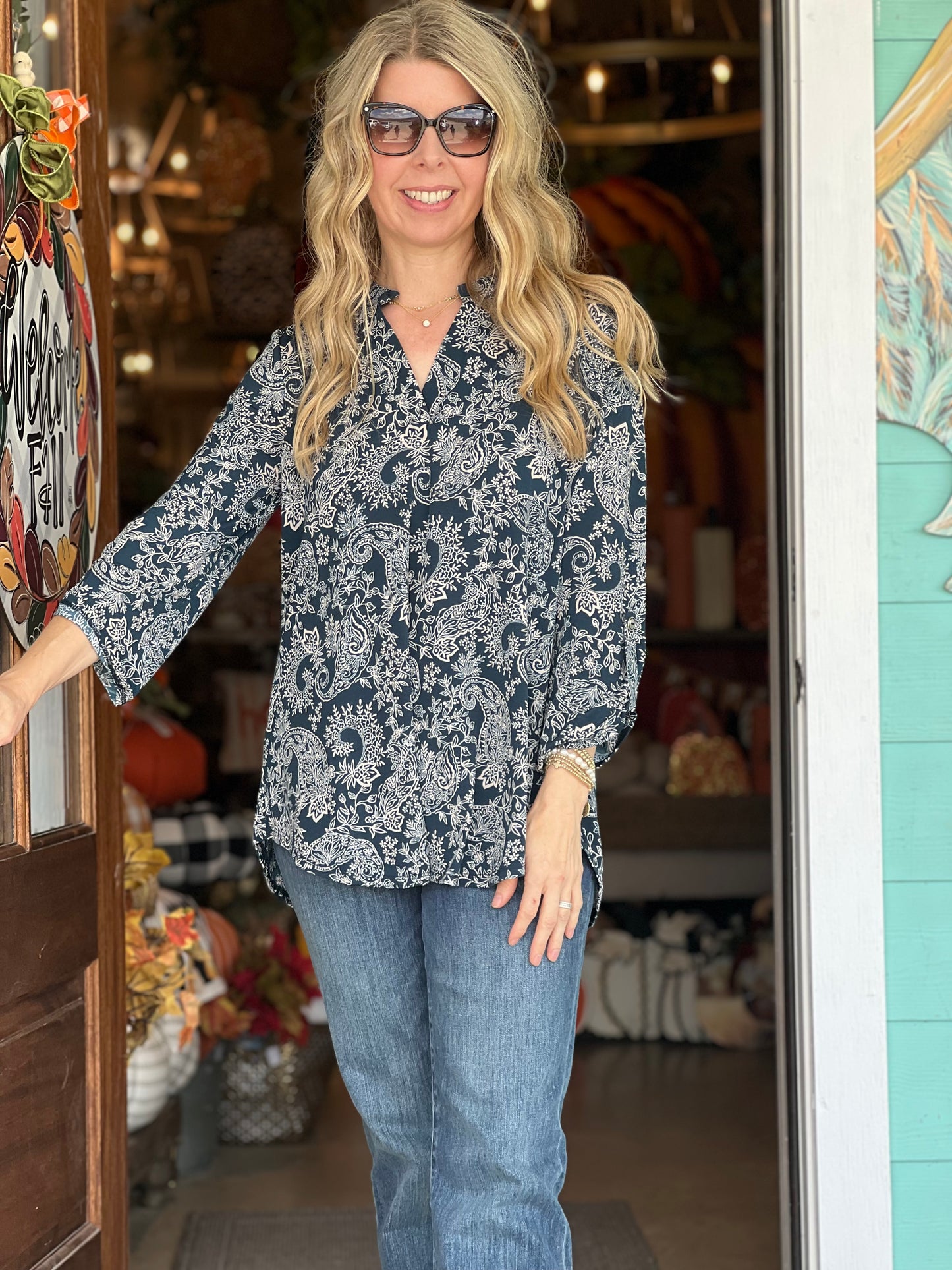 Lizzy Midnight Teal Pattern 3/4 Sleeve Top