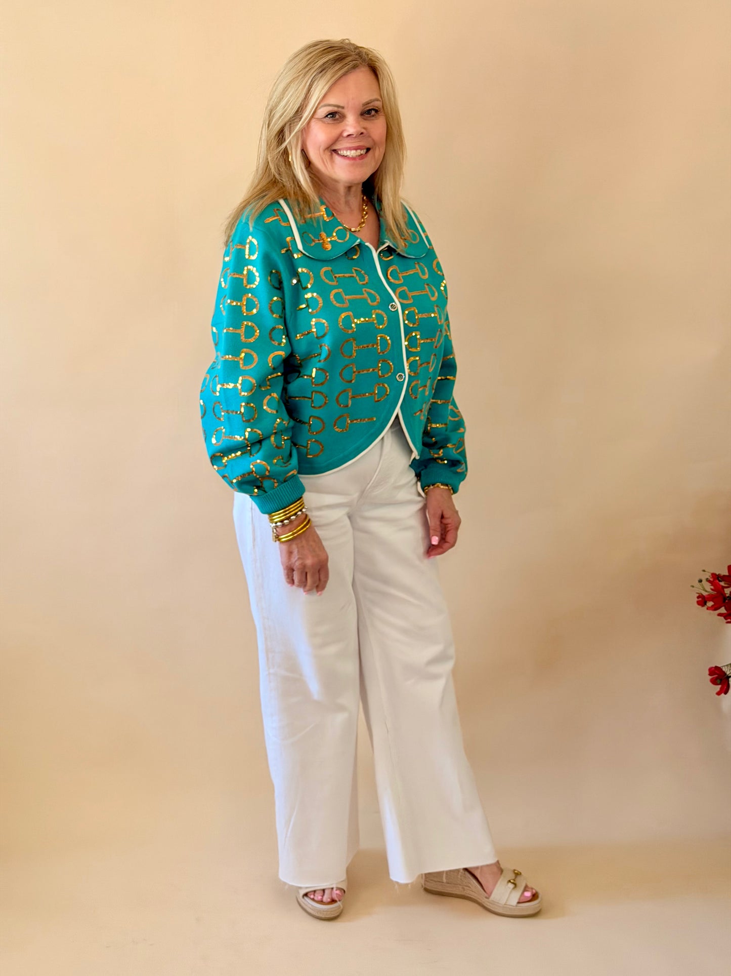 Queen of Sparkles Mint & Gold Horse Bit Collar Sweater