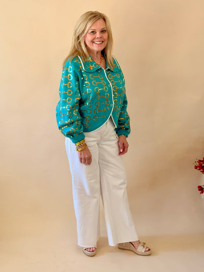Queen of Sparkles Mint & Gold Horse Bit Collar Sweater