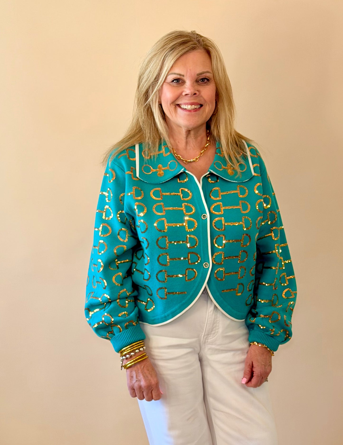 Queen of Sparkles Mint & Gold Horse Bit Collar Sweater