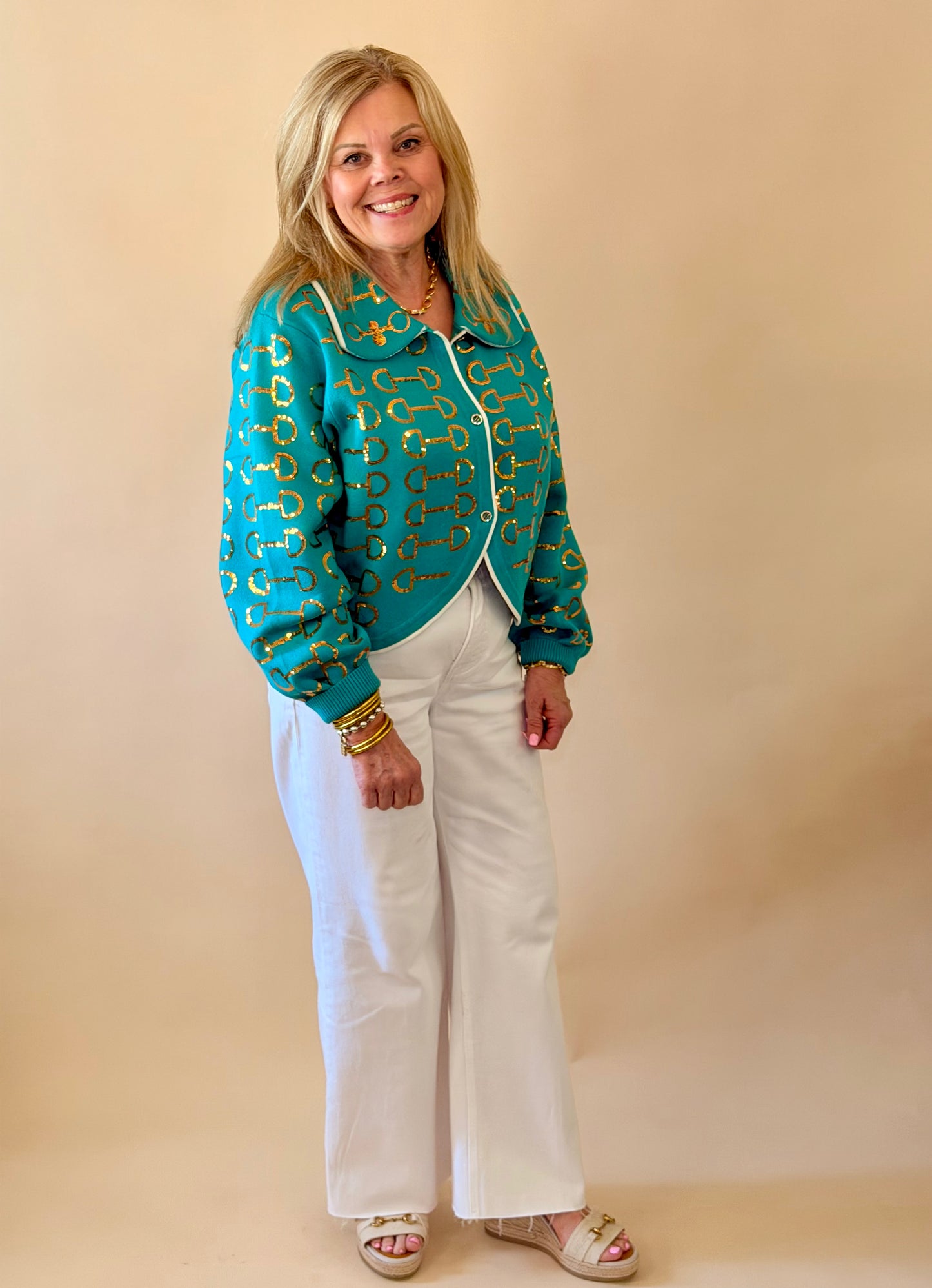 Queen of Sparkles Mint & Gold Horse Bit Collar Sweater