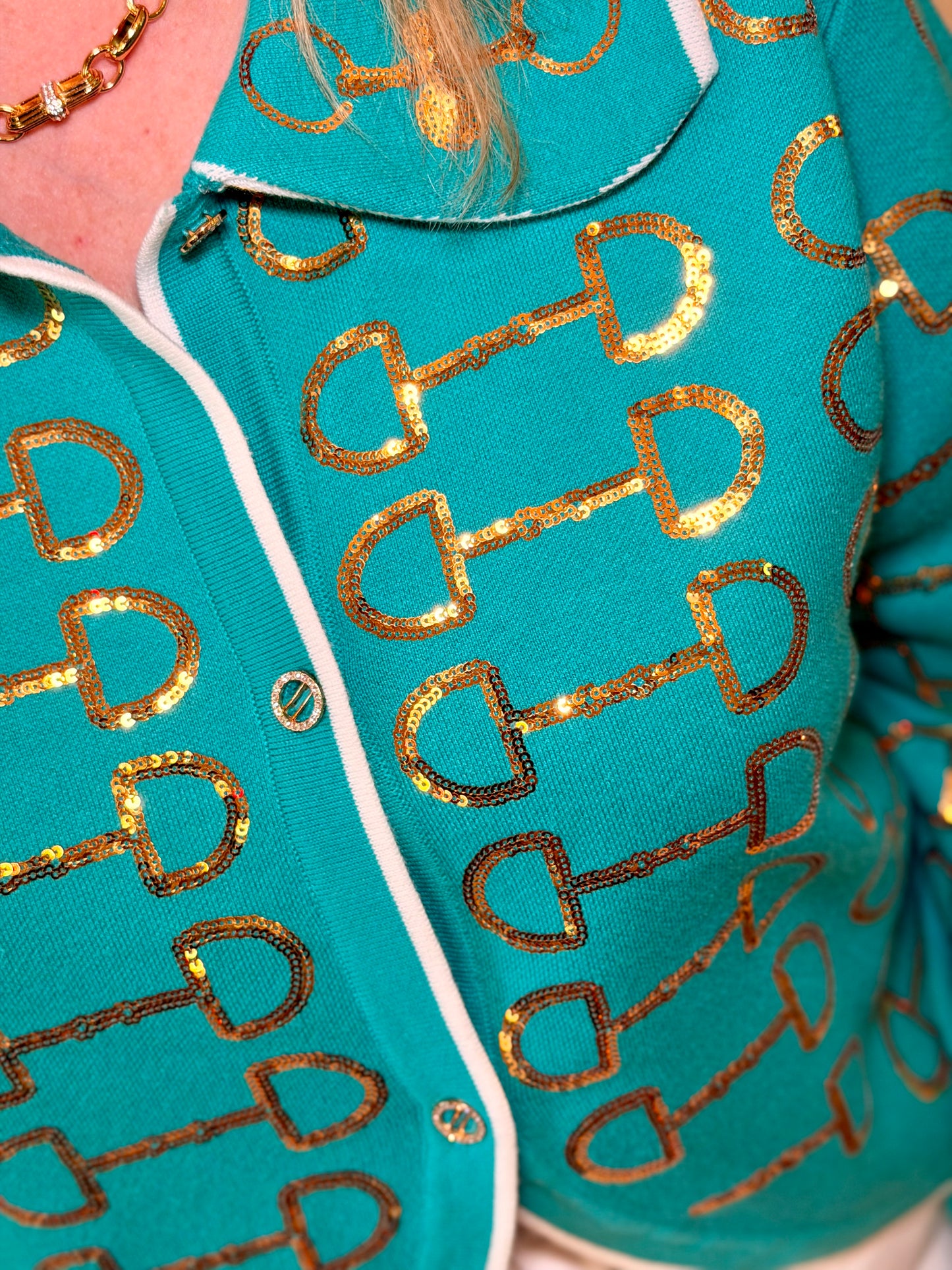 Queen of Sparkles Mint & Gold Horse Bit Collar Sweater