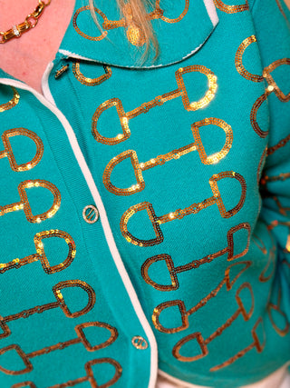 Queen of Sparkles Mint & Gold Horse Bit Collar Sweater