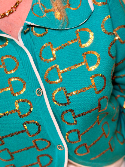 Queen of Sparkles Mint & Gold Horse Bit Collar Sweater