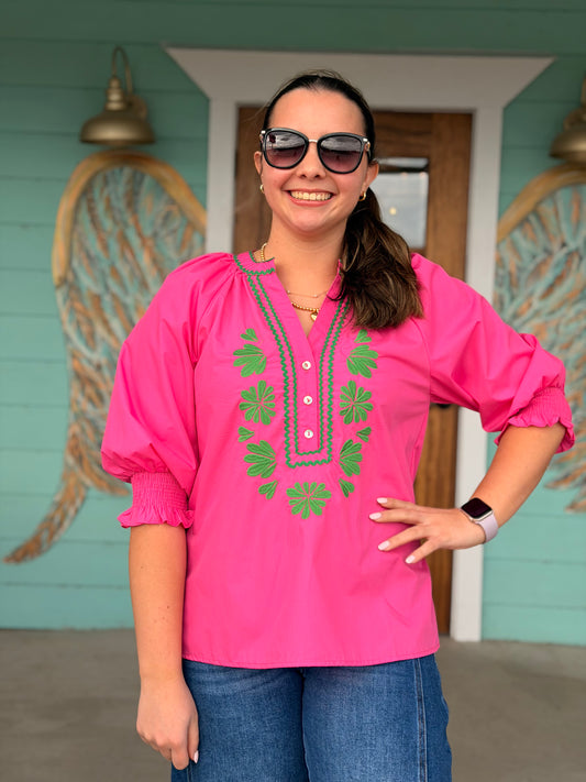 Hot Pink w/Green Embroidered Top