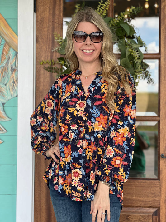 LizSmock Sleeve Navy Top