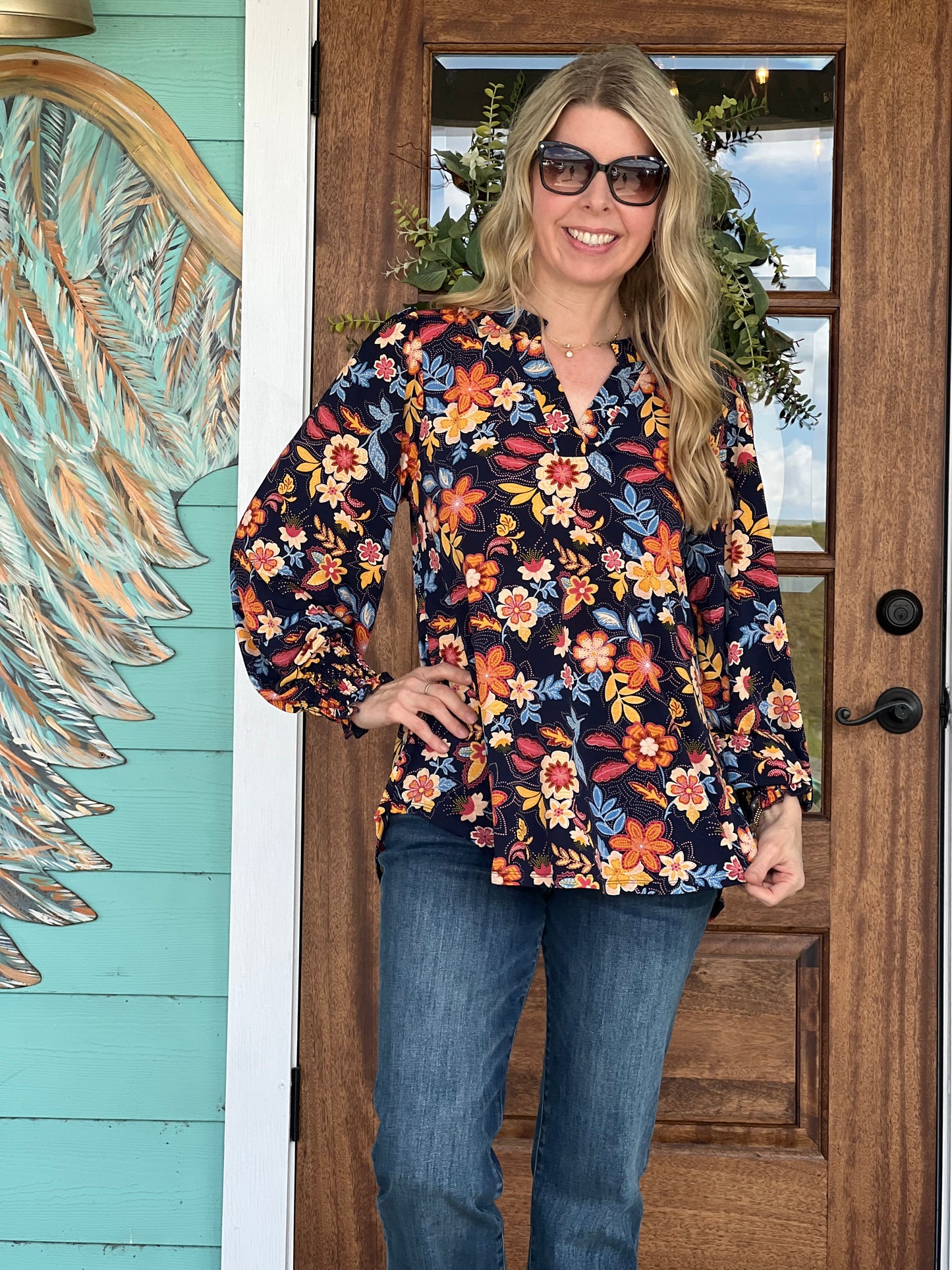 LizSmock Sleeve Navy Top