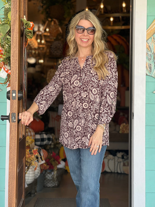 LizLuxe Chocolate Print Button Top