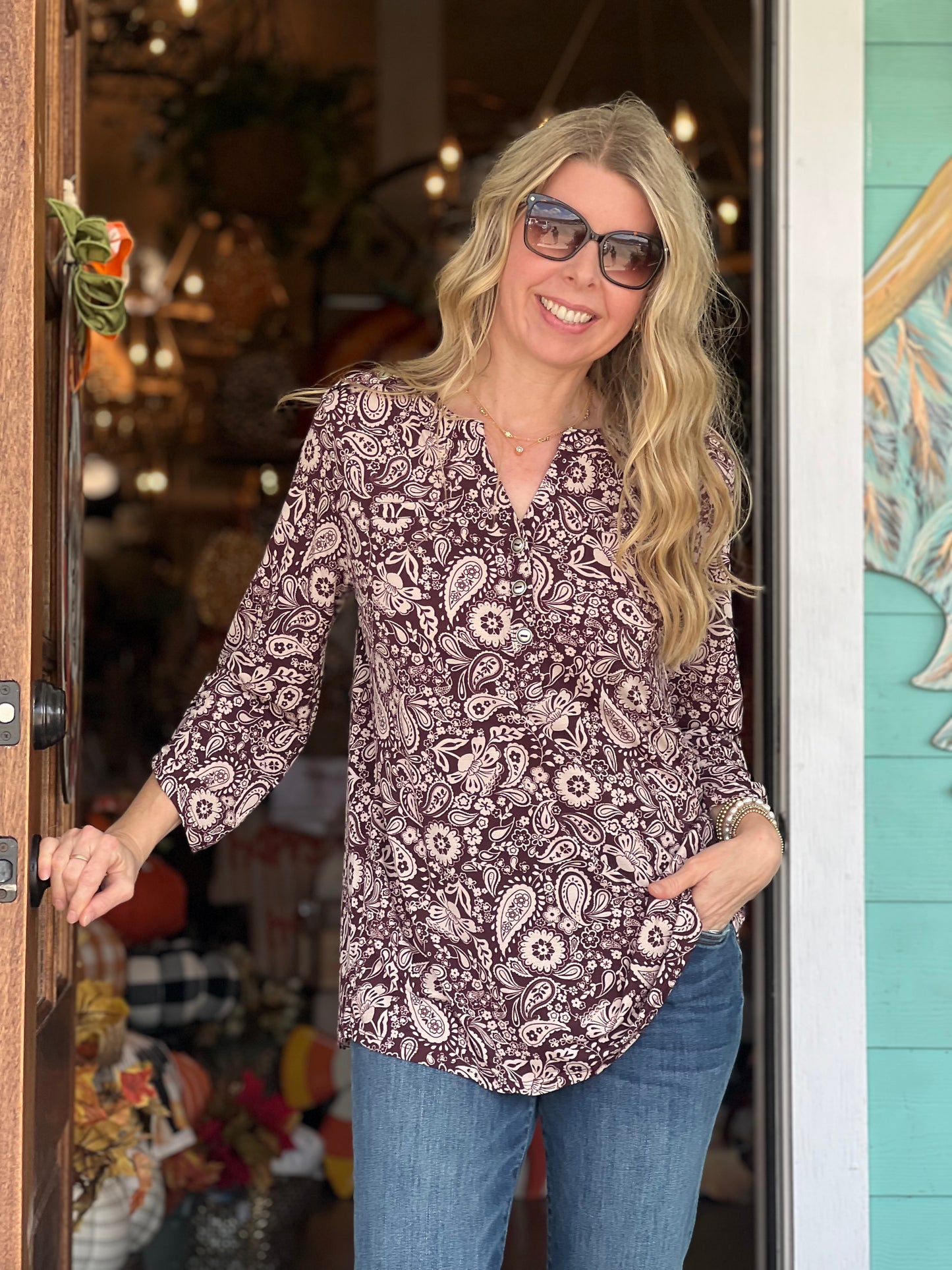 LizLuxe Chocolate Print Button Top