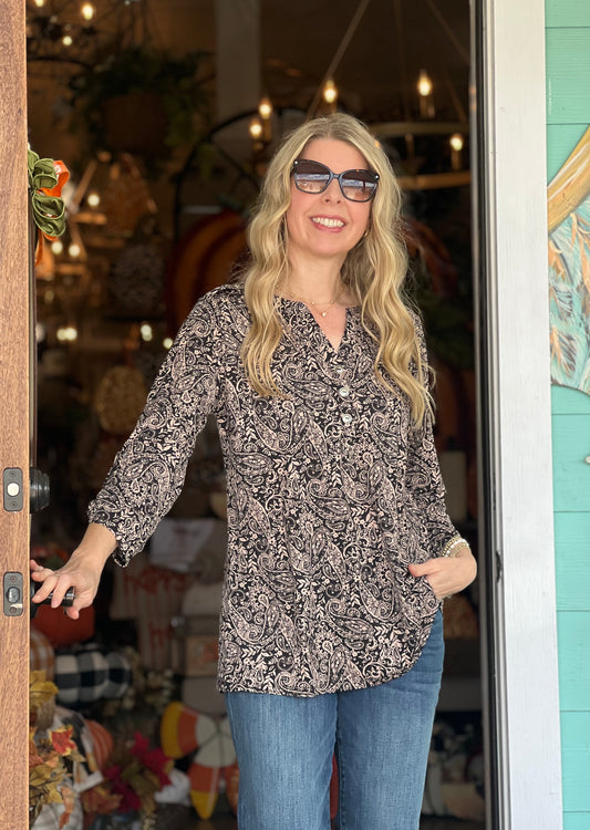 LizLuxe Black Print Button Top