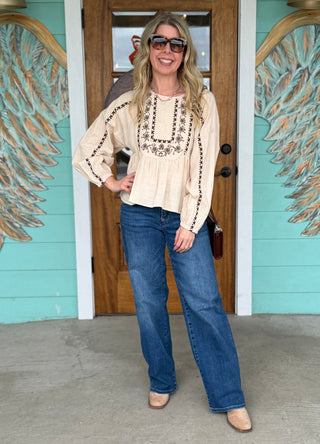 Oatmeal Embroidered Detail Blouse