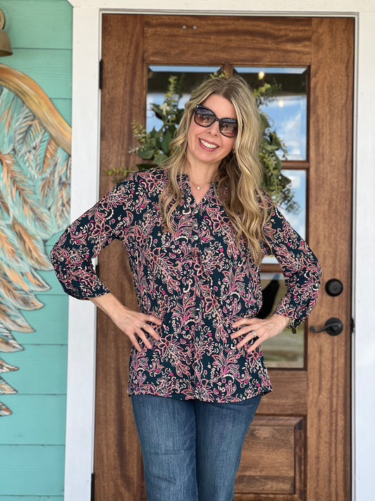 LizLuxe Dark Teal Print  Button Top