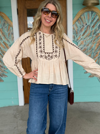 Oatmeal Embroidered Detail Blouse