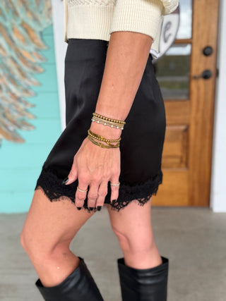 Black Satin Lace Hem Skirt