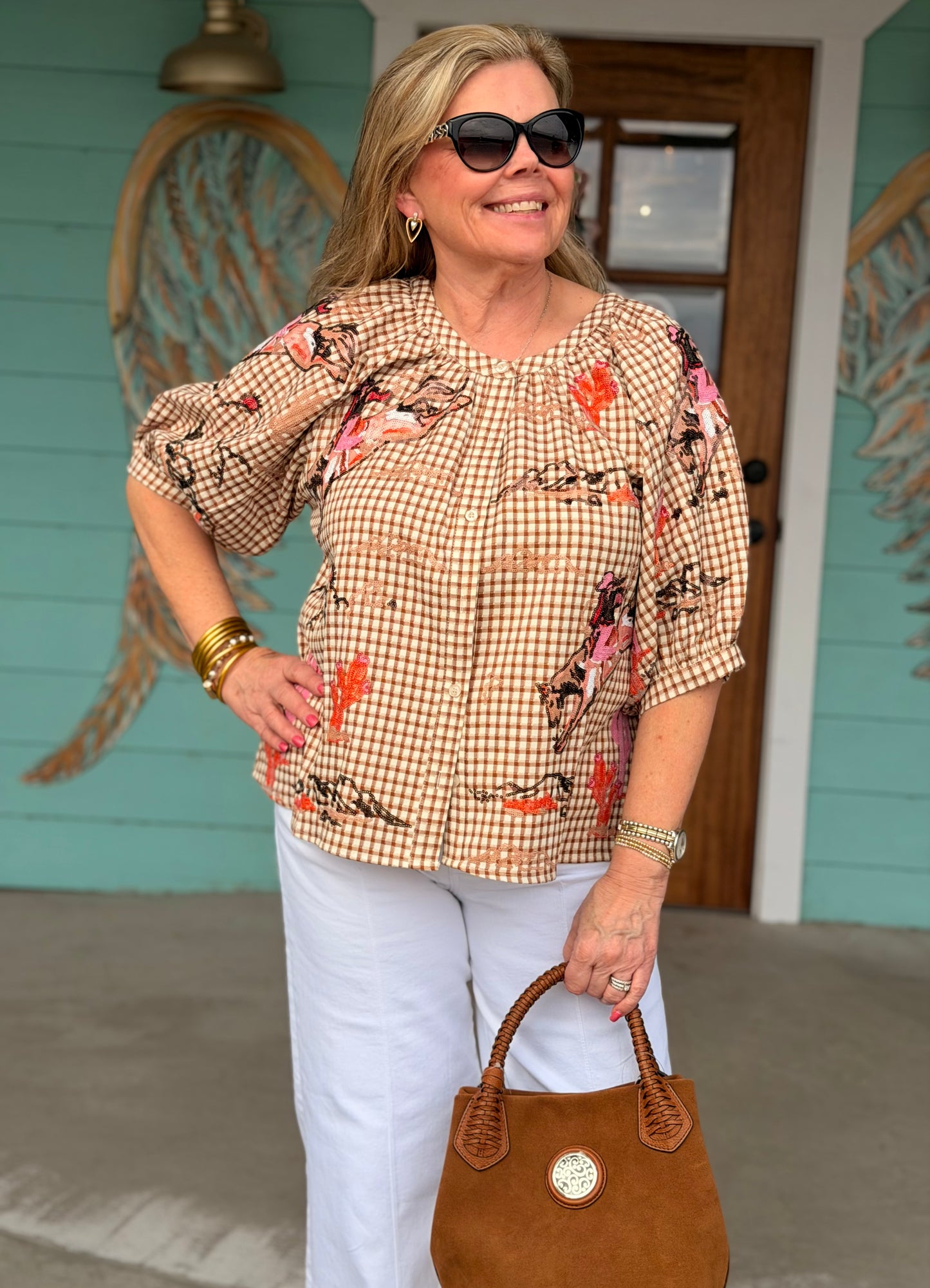 Queen of Sparkles Gingham Bucking Cowgirl Top