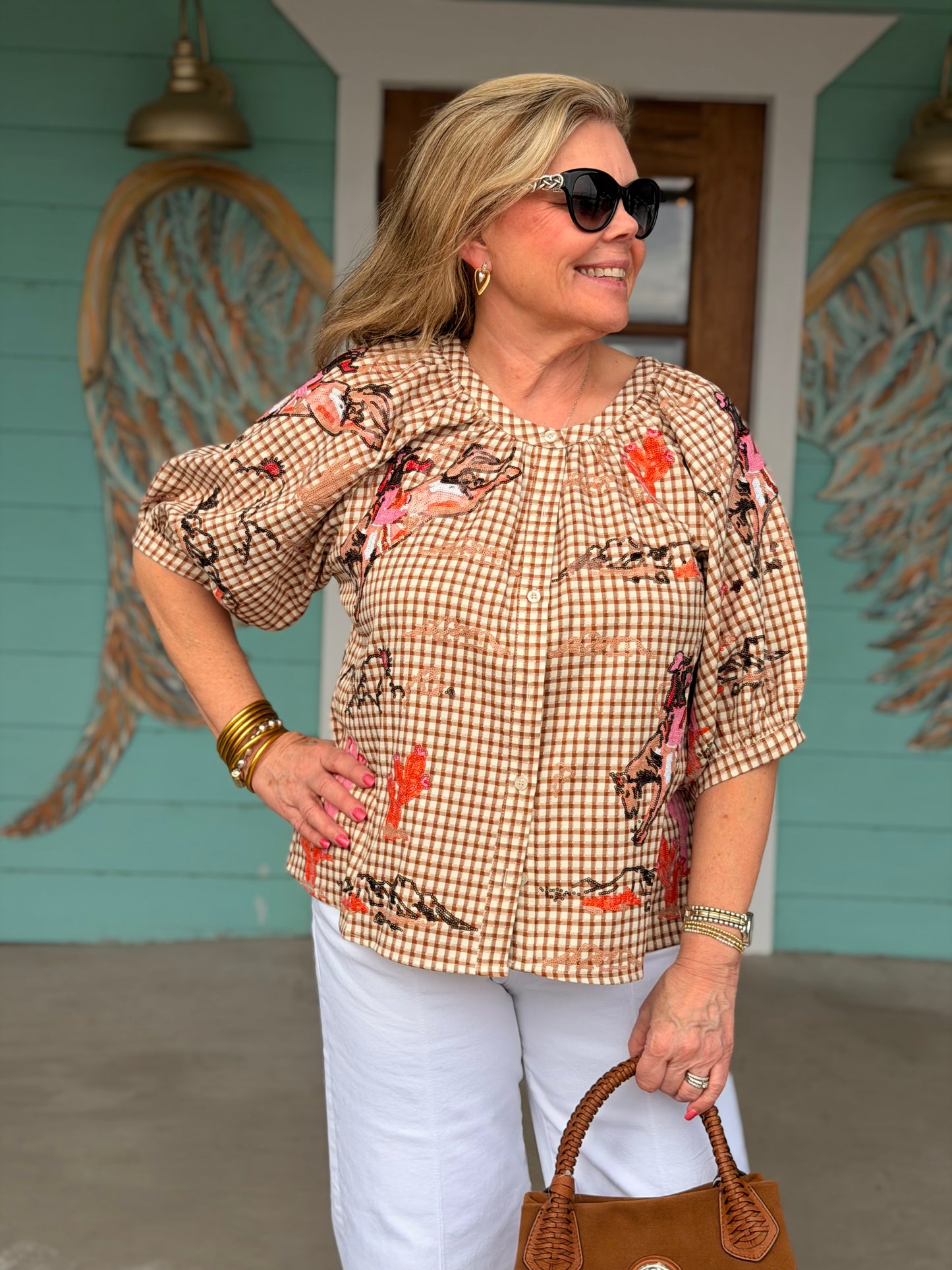 Queen of Sparkles Gingham Bucking Cowgirl Top