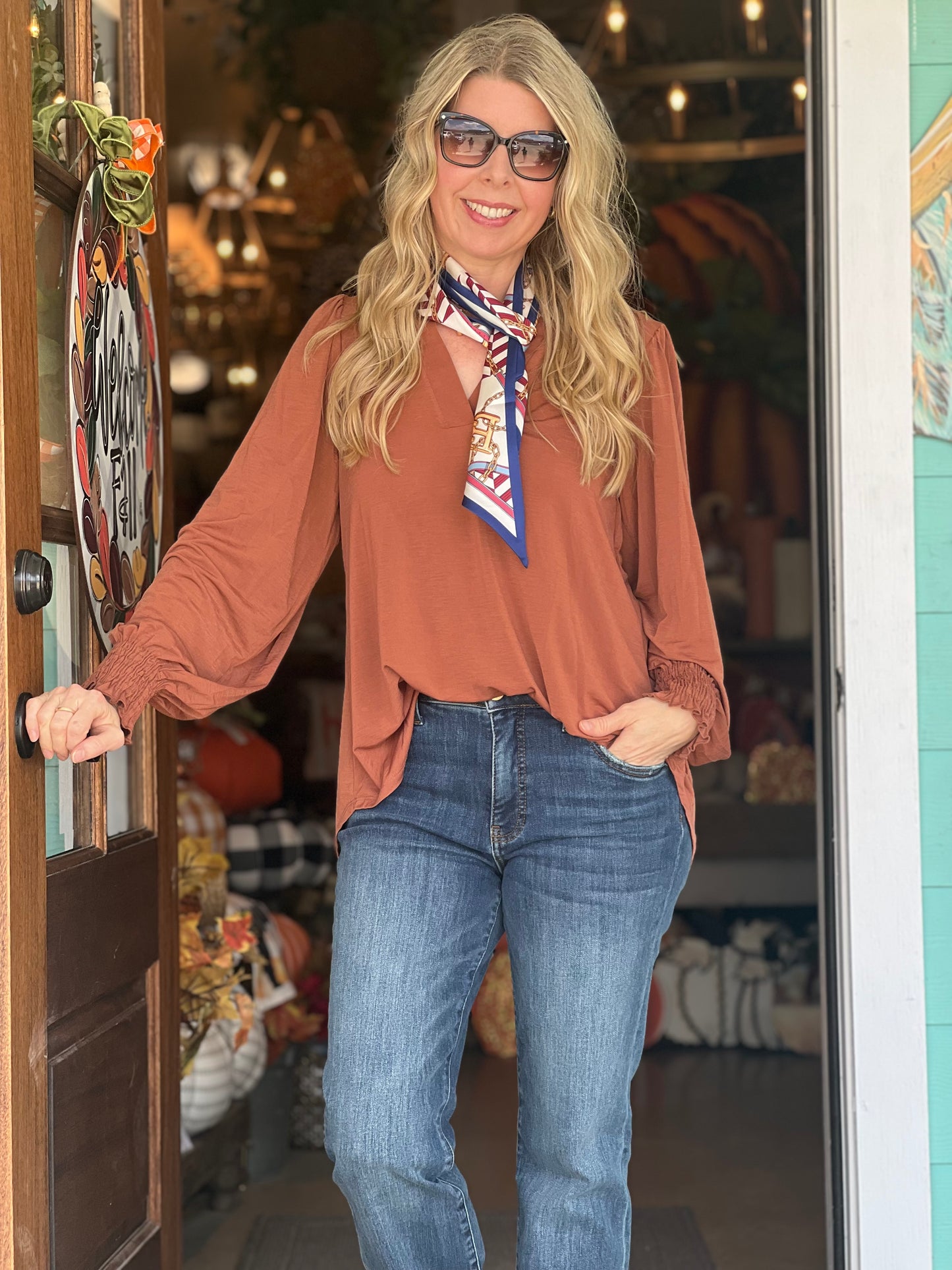 Liz Smocked Long Sleeve Caramel Top